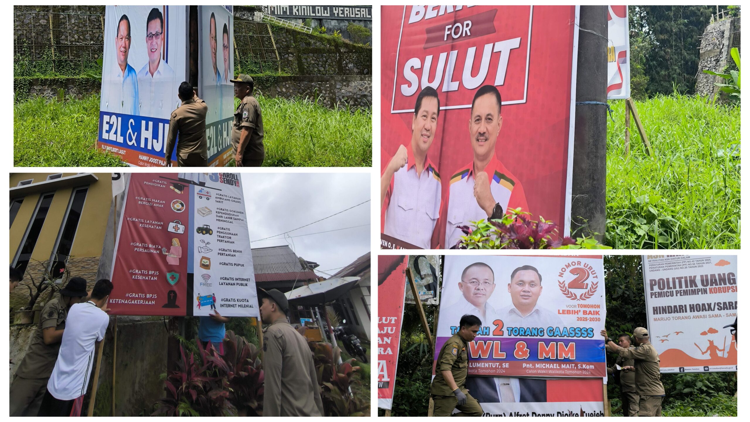 Bawaslu – Satpol PP Tomohon Tertibkan Alat Peraga Kampanye, Berikan Apresiasi kepada Paslon yang Tertib